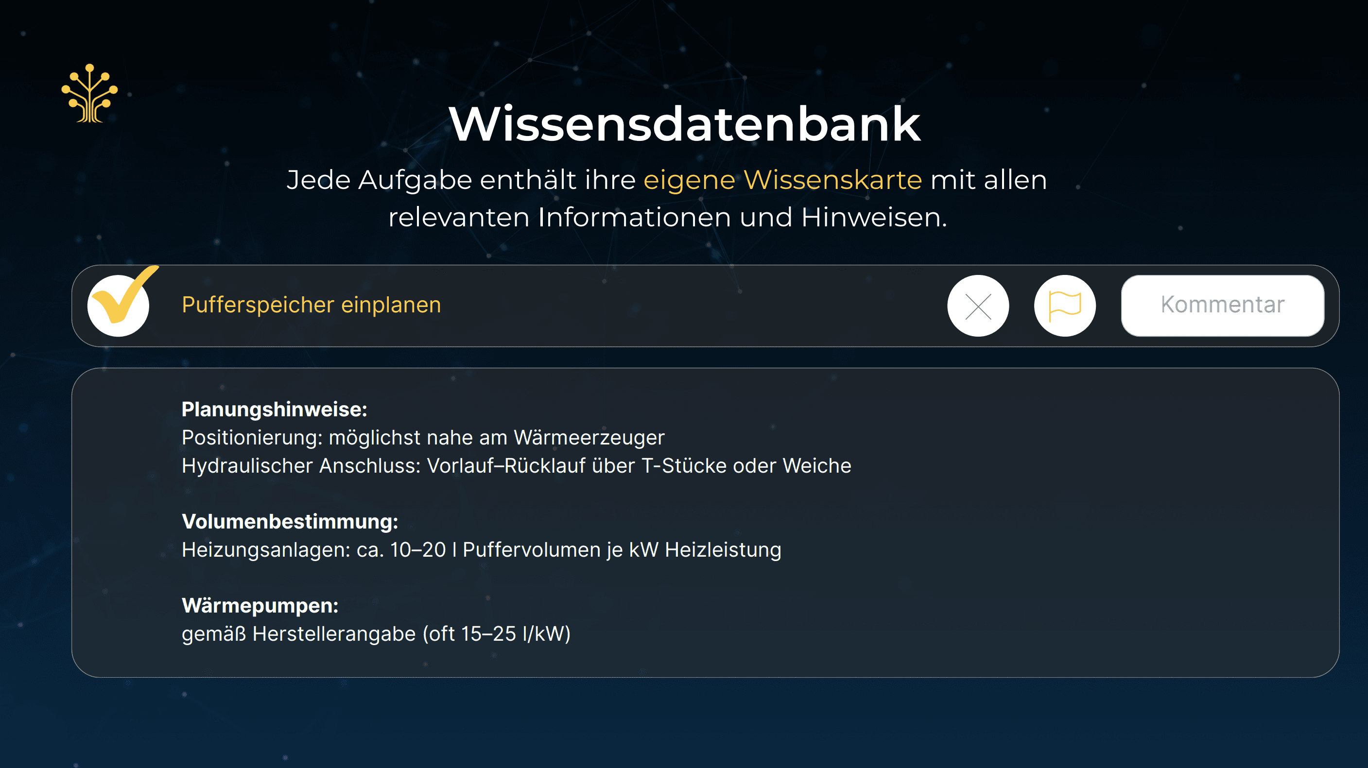 Darstellung einer DM-Tree-Wissenskarte mit Planungshinweisen zum Checklistenpunkt Pufferspeicher einplanen