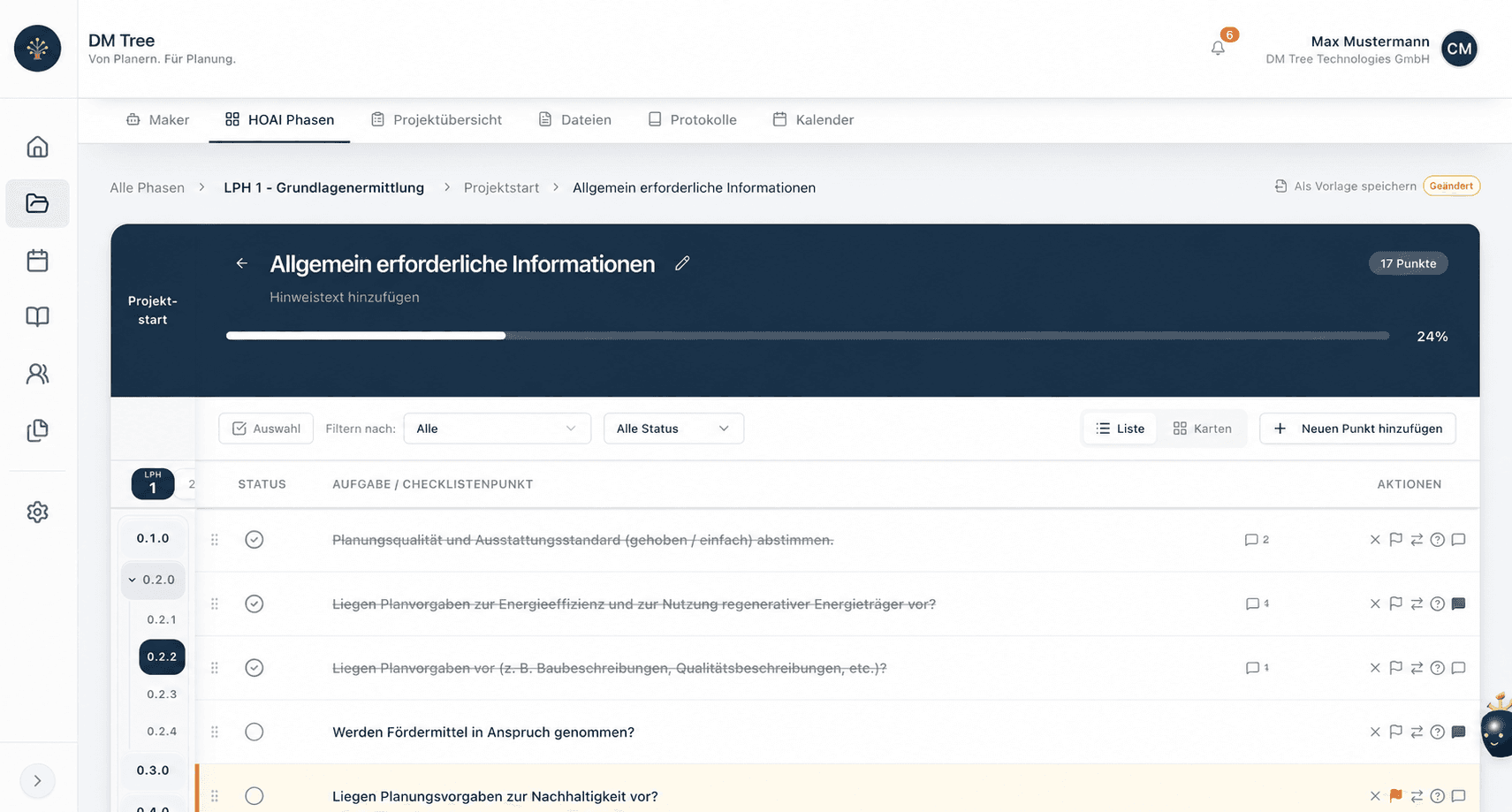 TGA-Checklistenpunkte in DM Tree im Demoprojekt für die Grundlagenermittlung